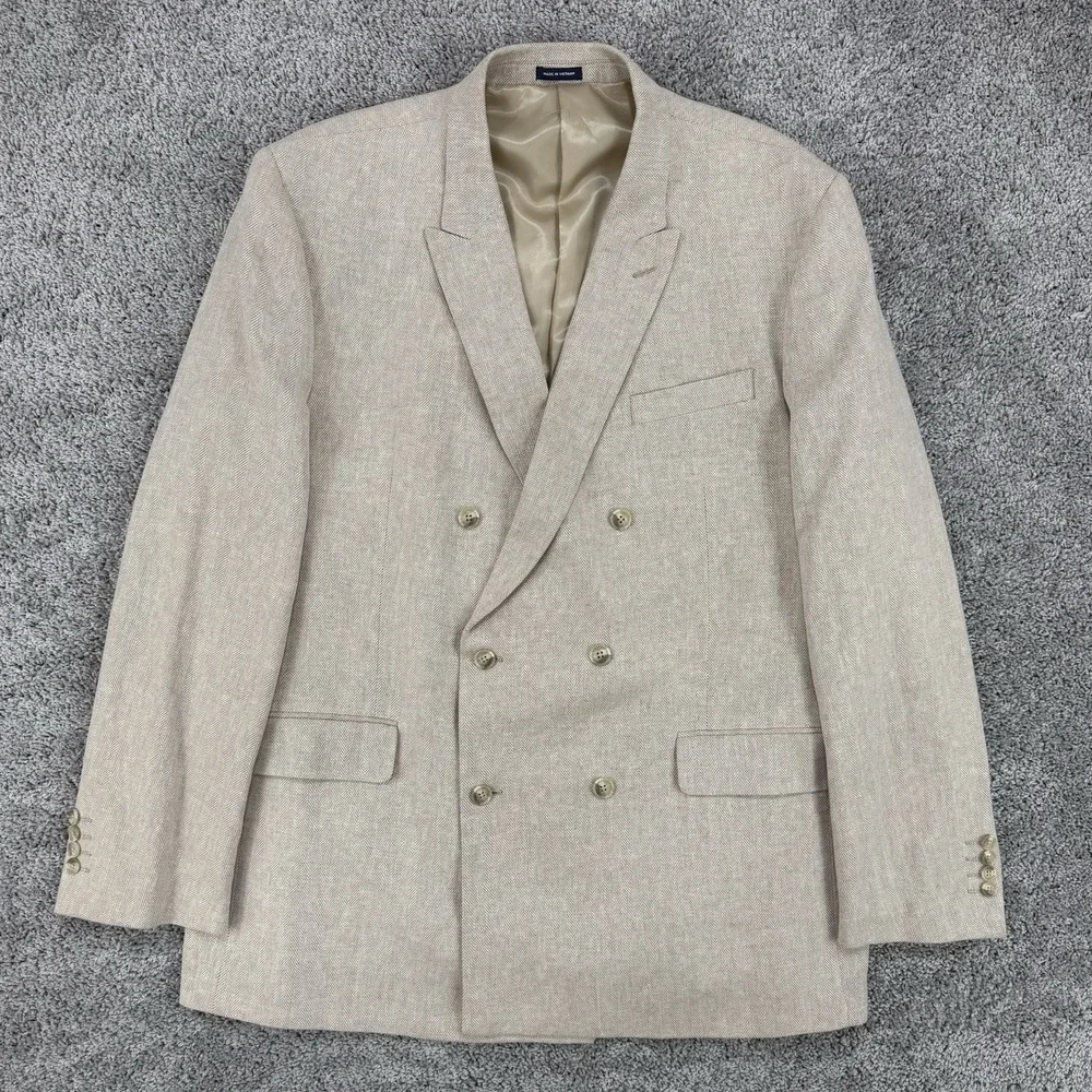 Stafford Linen Blazer Men's 48L Beige Classic Fit Double Breasted Dual Vent